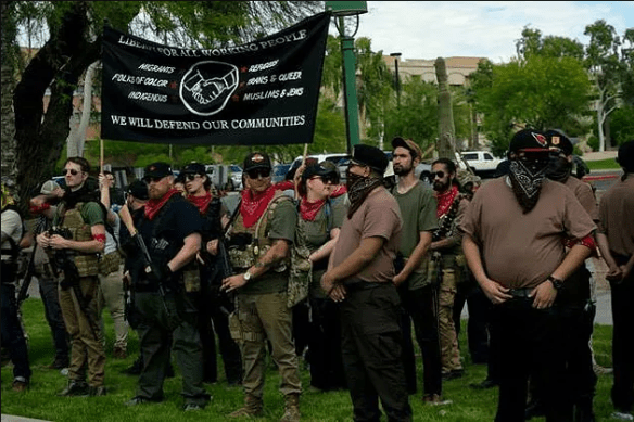 Phoenix John Brown Gun Club at a MAGA rally in Arizona. Source: https://www.redneckrevolt.org/single-post/2017/03/28/PHOENIX-MAGA-MARCH-REPORTBACK