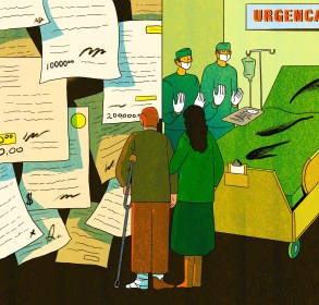 An illustration of a couple looking at a wall of medical bills next to an operating room where doctors are waiting.